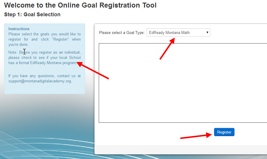 EdReady Montana individual goal signup page